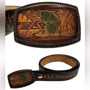 Bass Fishing Handmade Tooled Cow Hide Leather belt & buckle 41.5”- 44.5” vintage